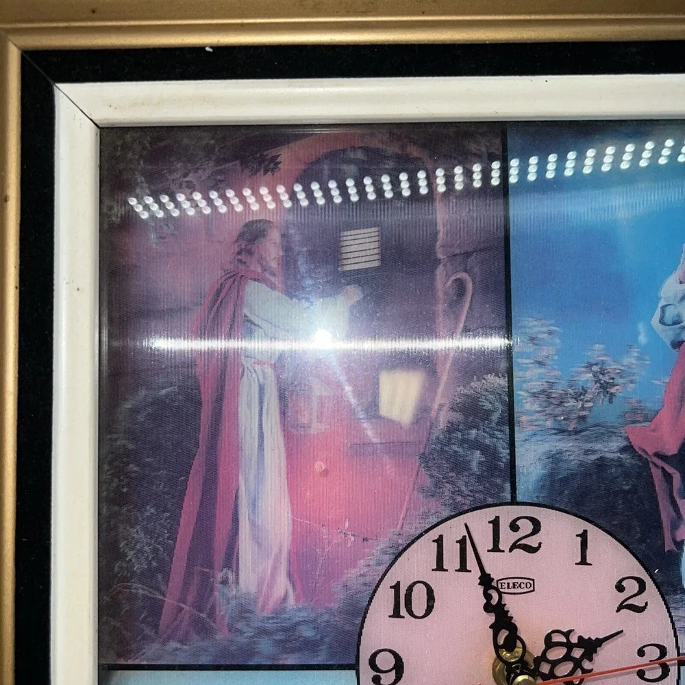 Vtg Eleco Wall Clock Jesus Holographic Framed Last Supper, Door Knock, Praying